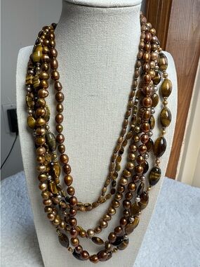 Coldwater Creek Elegant Multi-Strand Brown Beaded Necklace Tigers Eye 20-24”
